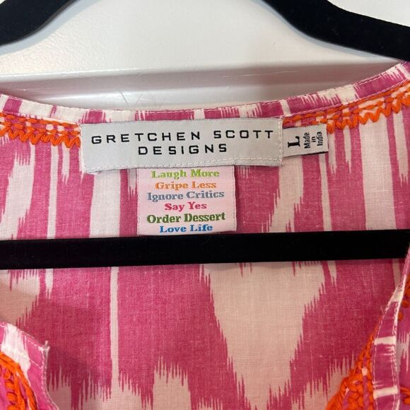 Gretchen Scott Batik Print Tunic Top Dress Pink Orange Embroidered Size Large - Picture 7 of 8